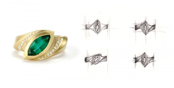 Emerald marquise engagement ring with design sketches