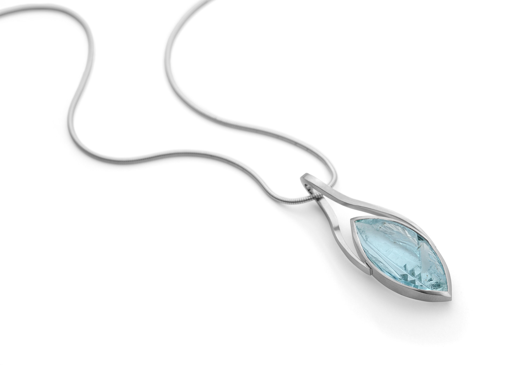 Forged white gold and fancy cut aquamarine pendant