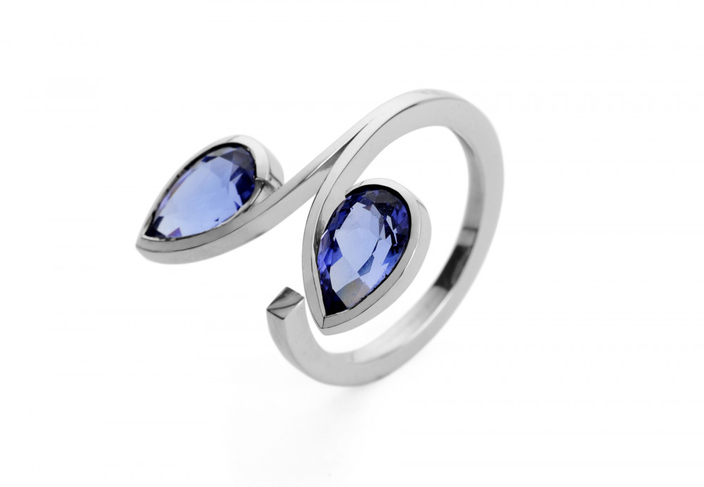 Forged platinum two stone cocktail ring with pear tanzanite