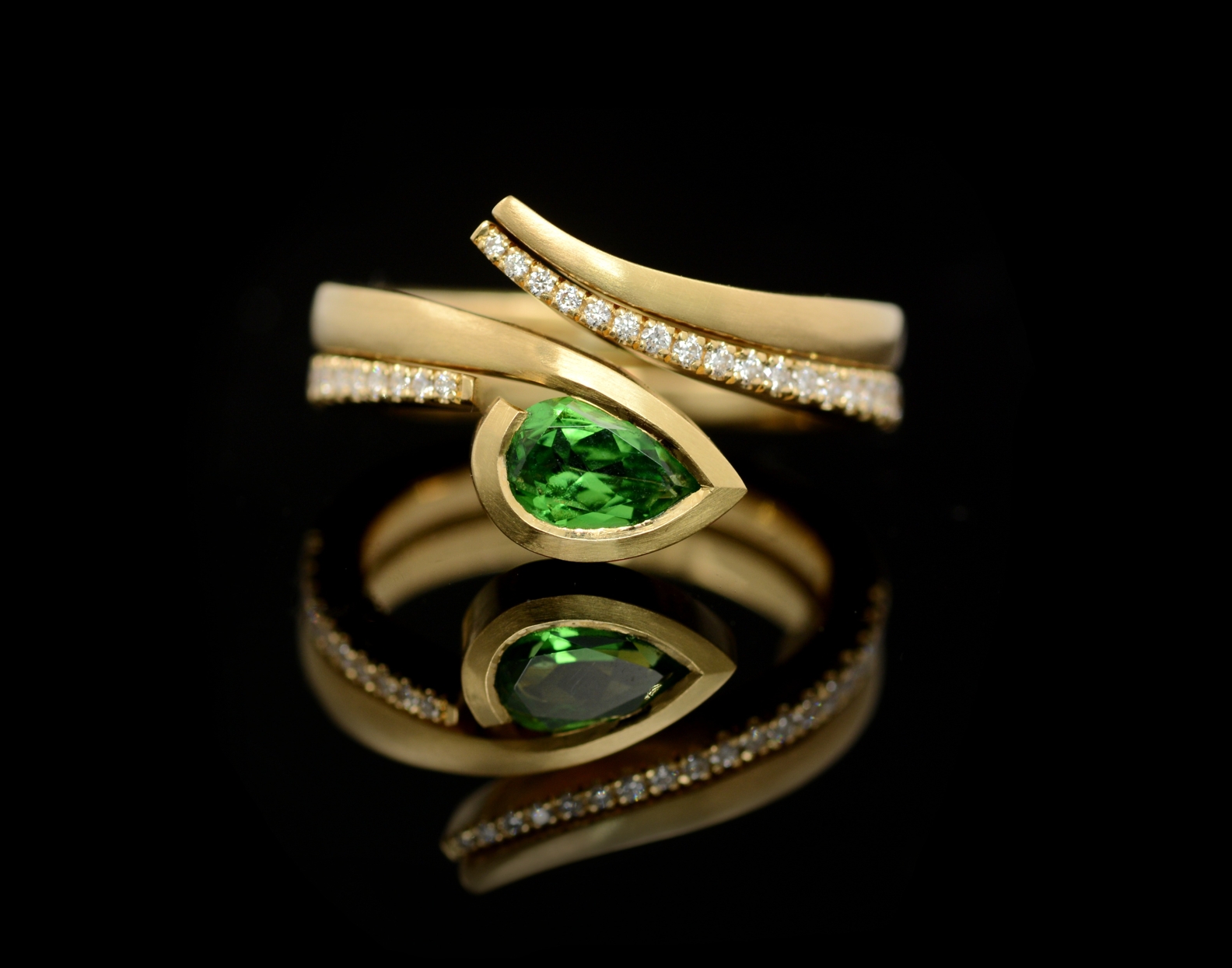 Green garnet, diamond and yellow gold engagement ring commission with fitted wedding band