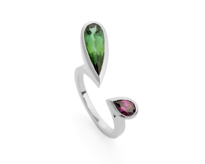 White gold cocktail ring with green tourmaline and grape garnet