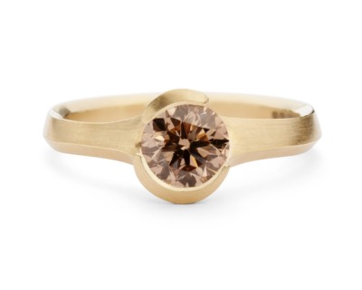 Hand carved rose gold Arris ring with round cognac diamond