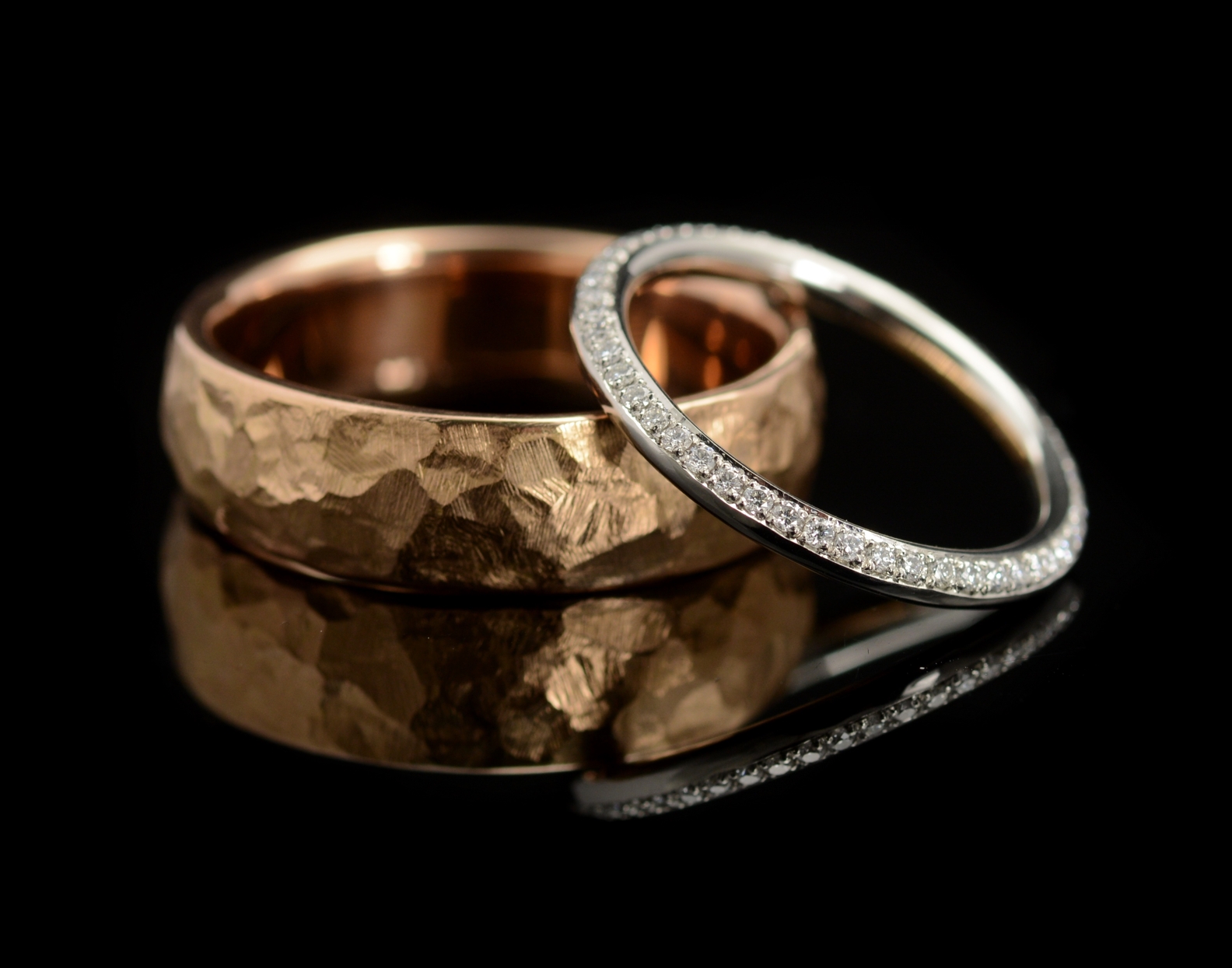Mens hammered wedding ring and women's diamond wedding ring