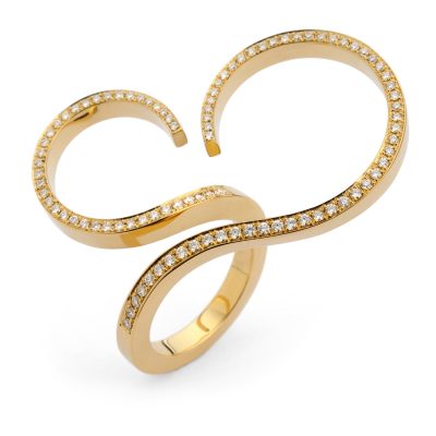 Hand forged modern yellow gold and white diamond cocktail ring