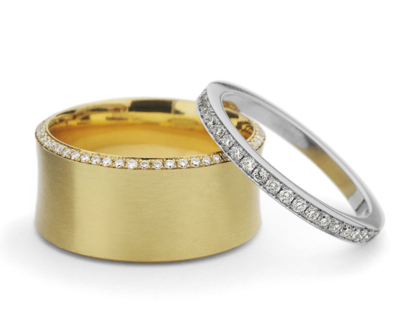 platinum and 18 carat gold wedding and eternity rings, micro pave set with white diamonds