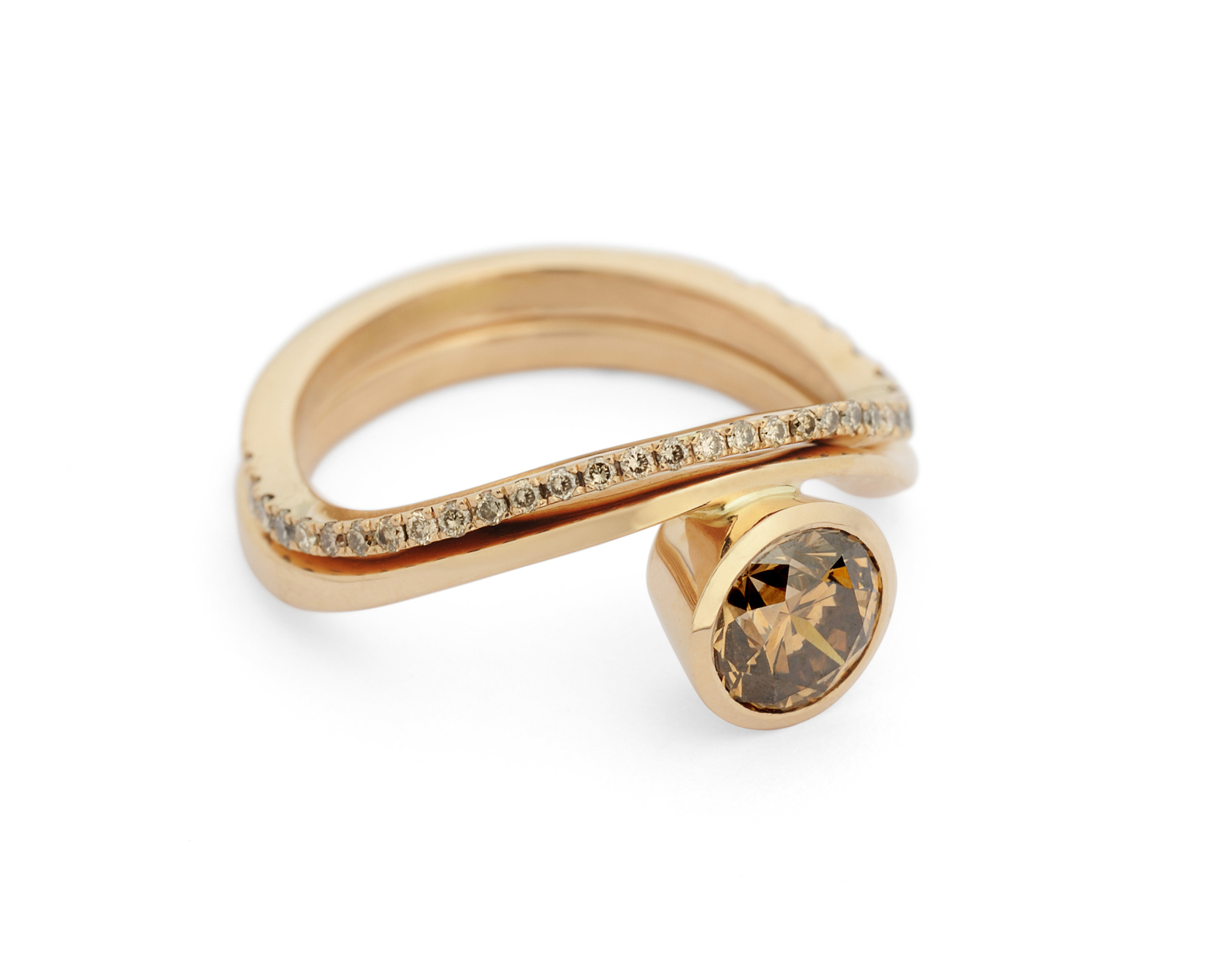 Curved band engagement ring with cognac diamond and rose gold