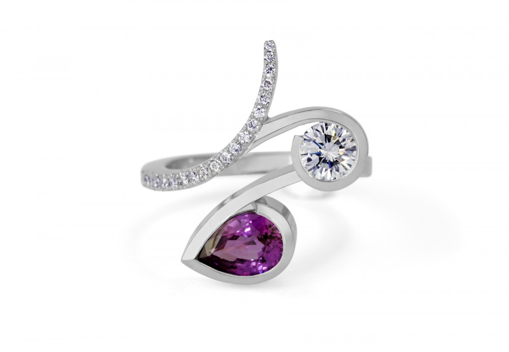 Unusual pink pear sapphire and diamond cocktail ring
