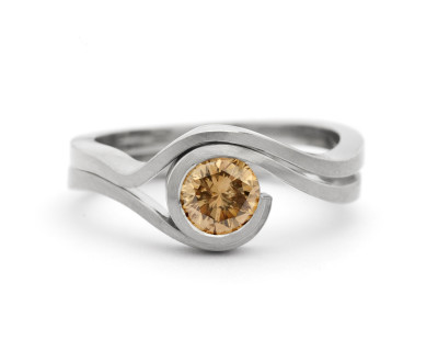 'Wave' satin finished white gold and cognac diamond engagement ring