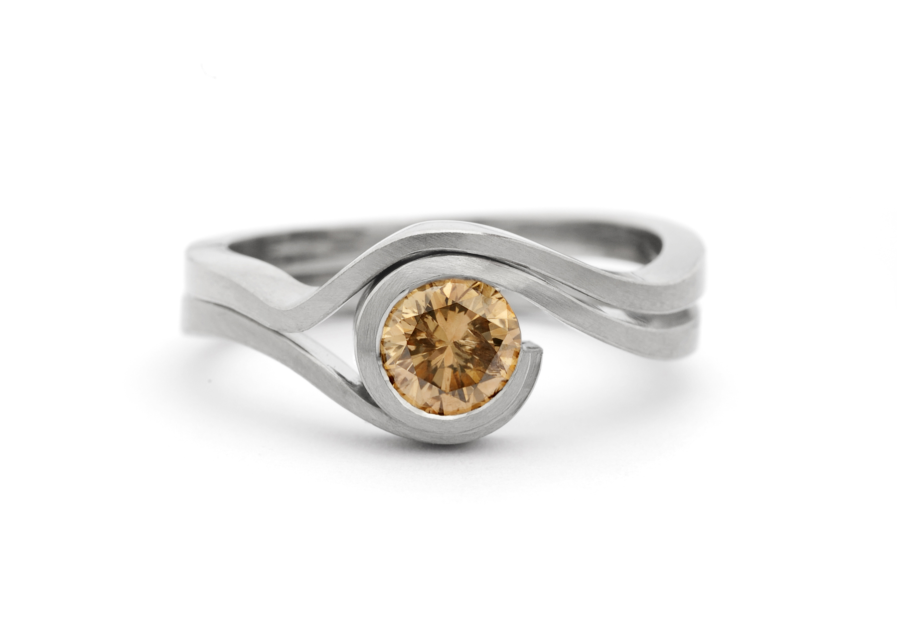 'Wave' satin finished white gold and cognac diamond engagement ring with fitted wedding band