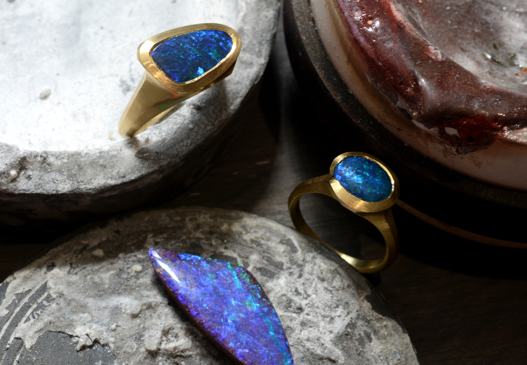 Black opal gemstones with hand-carved opal cocktail rings