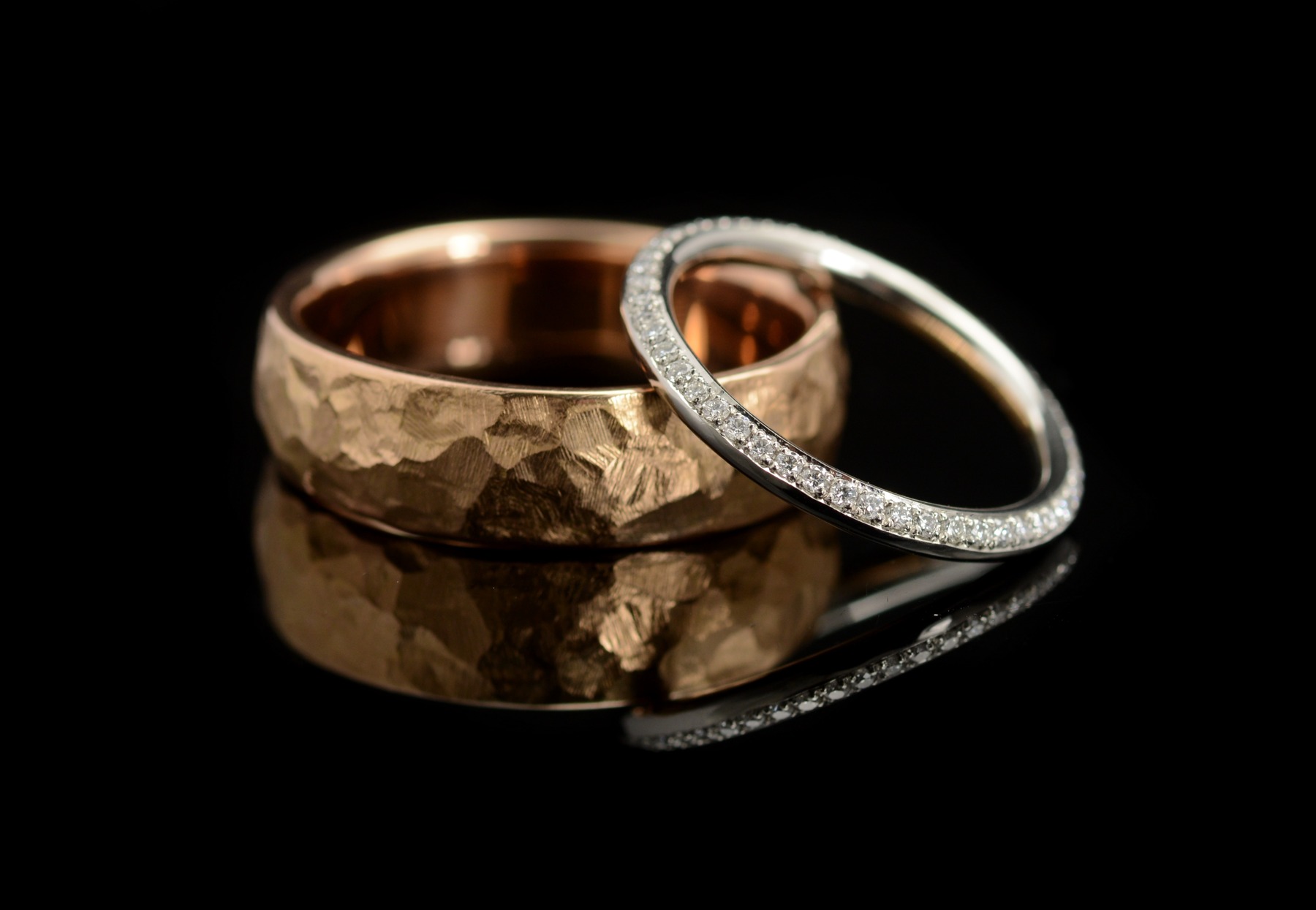 Unique ladies diamond wedding ring and rose gold mens hammered wedding ring