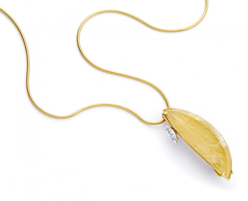 Yellow gold, rutilated quartz and diamond pendant